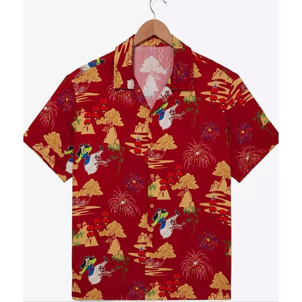 Disney Mulan Fireworks Red Scenic Woven Button-Up Unisex Size XL Nwot